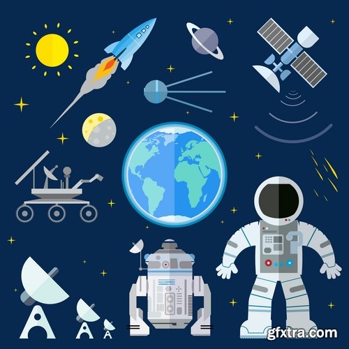 Collection of vector image icon astronaut moon planet rocket spaceship star sun 25 Eps