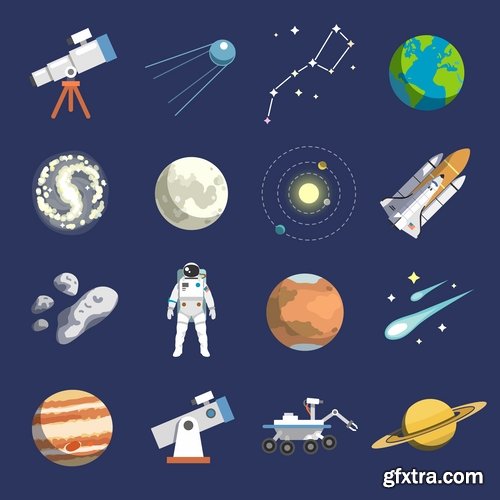 Collection of vector image icon astronaut moon planet rocket spaceship star sun 25 Eps