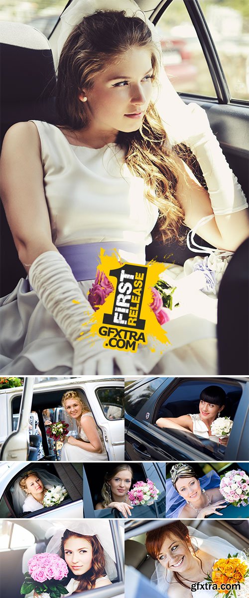 Stock Photos Happy bride with flower bouquet siting in the car