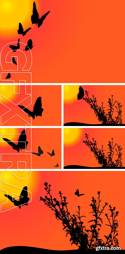 Stock Vectors - Vector nature silhouette with butterfly at sunset