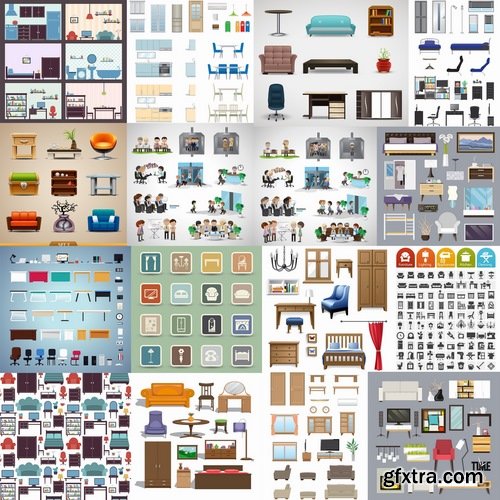 Collection of vector design elements picture icon interior table chair closet dressing table 25 Eps