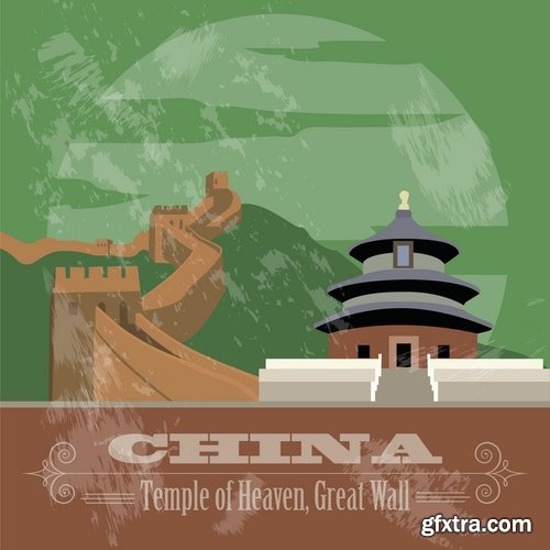 Collection of vector picture Great Wall of China sunset landscape travel 25 Eps