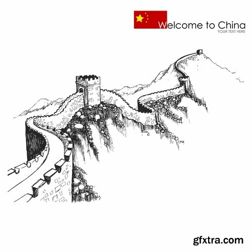 Collection of vector picture Great Wall of China sunset landscape travel 25 Eps