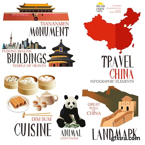 Collection of vector picture Great Wall of China sunset landscape travel 25 Eps