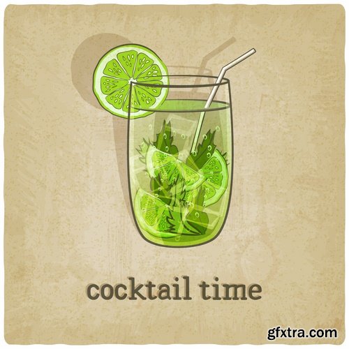 Collection of vector picture summer cocktail drink with straw glass of cool 25 Eps