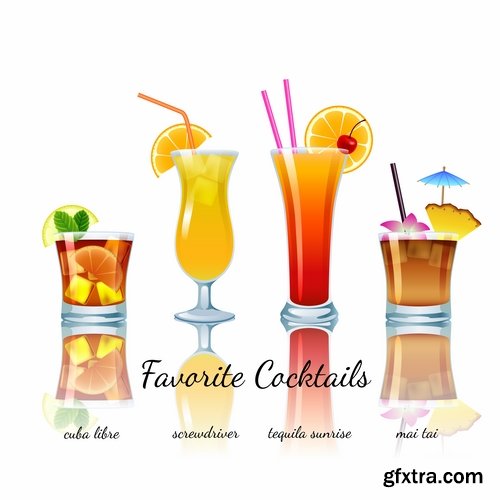 Collection of vector picture summer cocktail drink with straw glass of cool 25 Eps