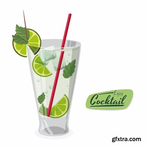 Collection of vector picture summer cocktail drink with straw glass of cool 25 Eps