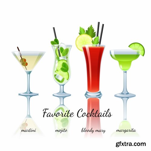 Collection of vector picture summer cocktail drink with straw glass of cool 25 Eps