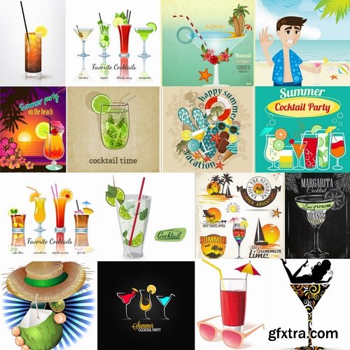 Collection of vector picture summer cocktail drink with straw glass of cool 25 Eps