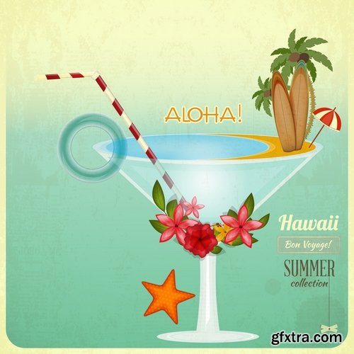 Collection of vector picture summer cocktail drink with straw glass of cool 25 Eps