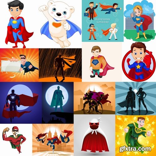 Collection of vector image superhero cartoon character muscle strength power saver 25 Eps