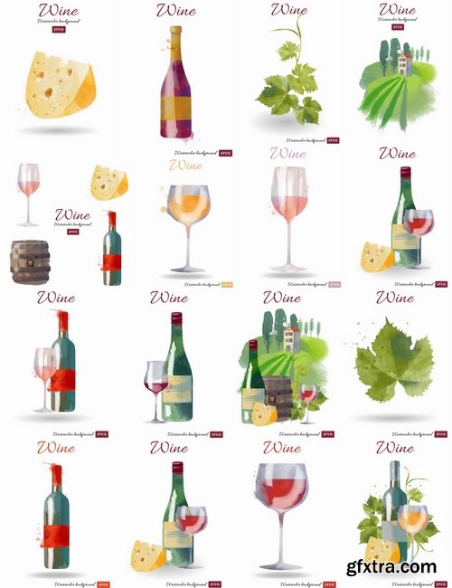 Collection of vector image of wine bottle with a glass of wine glass of grape leaf cheese 25 Eps