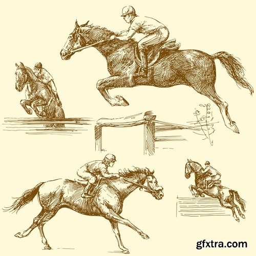 Collection of vector picture horse racing jockey jump racetrack 25 Eps