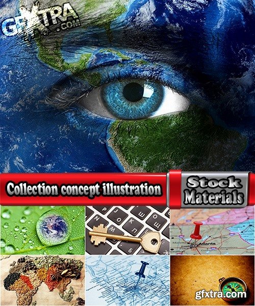 Collection concept illustration globe map old map key leaf drop eye desktop 25 HQ Jpeg