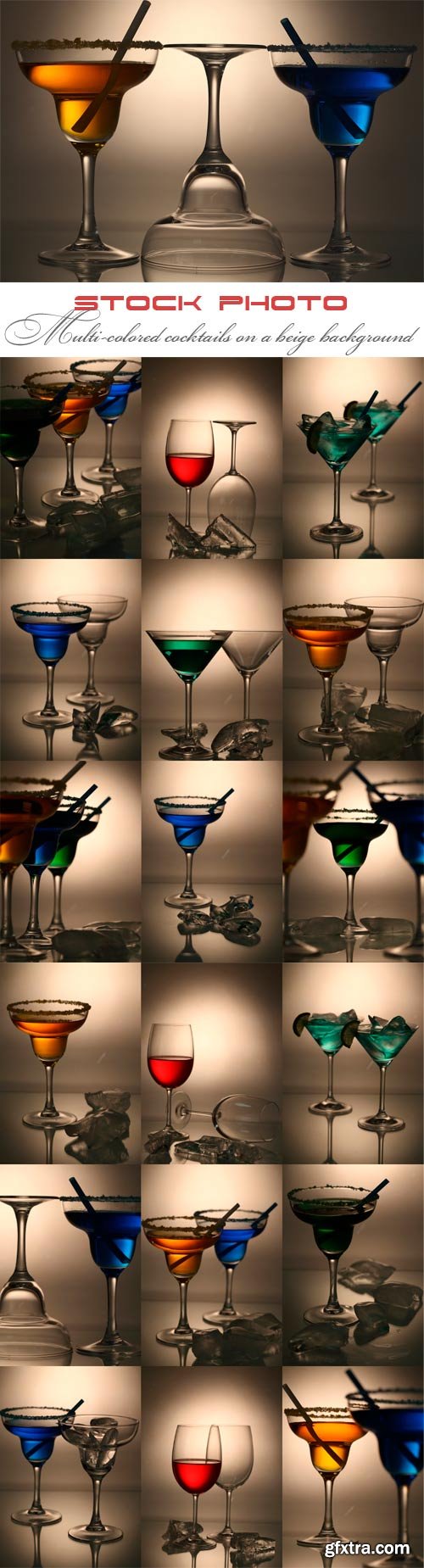 Multi-colored cocktails on a beige background