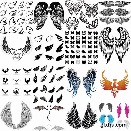 Collection of different wings silhouette pattern icon 25 EPS