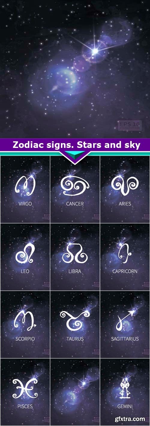 Zodiac signs. Stars and sky 12x EPS