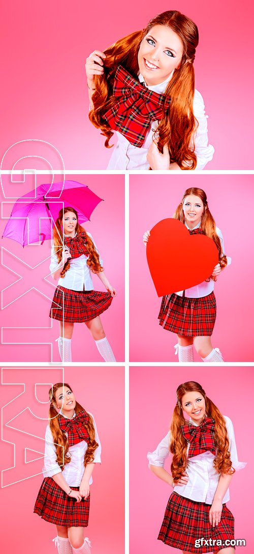 Stock Photos - Cute smiling teen girl in school plaid skirt and white blouse posing over pink background. Anime style