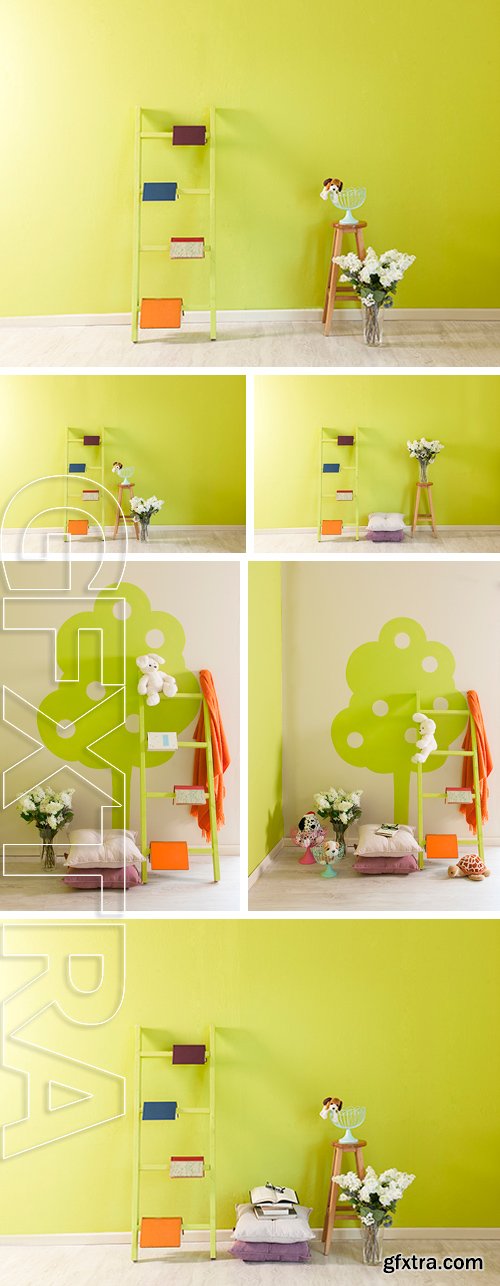 Stock Photos - Green wall baby room decor pillow and stairs