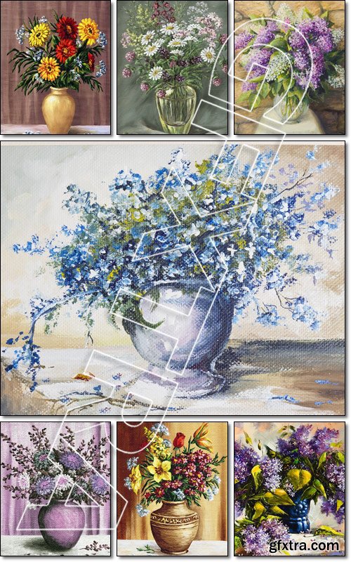 Oil painting on canvas of a beautiful still life with flowers in a nice vase - Stock photo