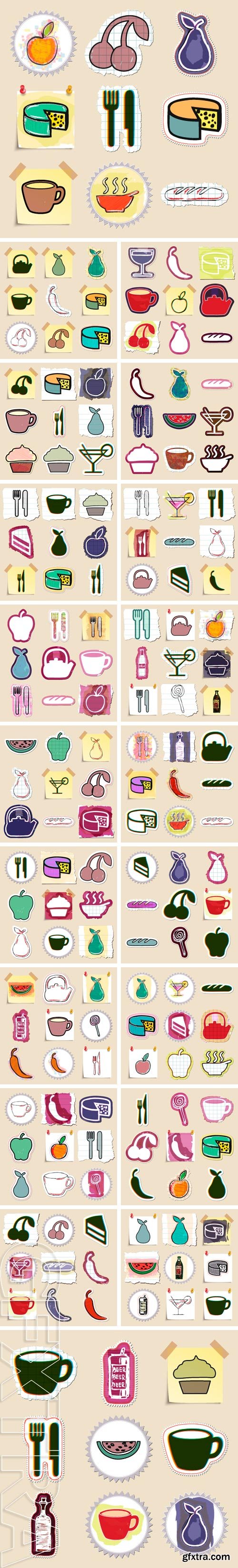 Stock Vectors - Hand drawn food and drink emblems set. Isolated. Stickers