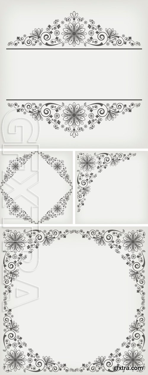 Stock Vectors - Vector vintage floral background, border, dark grey on white