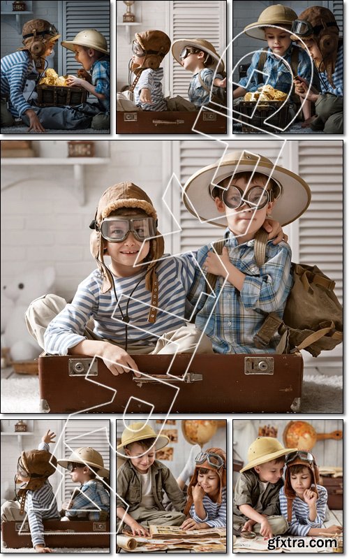Children in the form of an aircraft pilot and traveler hunters play in his room - Stock photo
