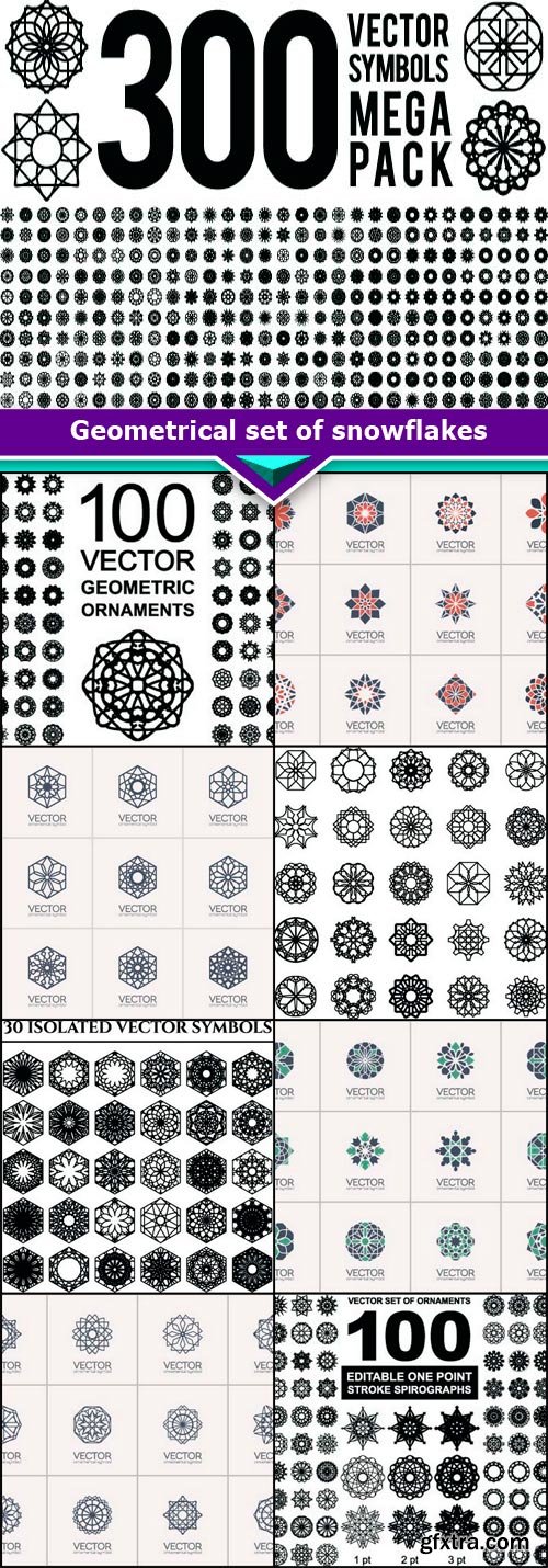 Geometrical set of snowflakes 9x EPS