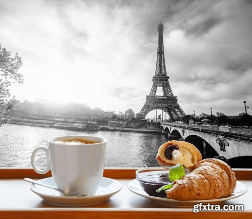 Coffee with croissants against Eiffel Tower - 7 UHQ JPEG