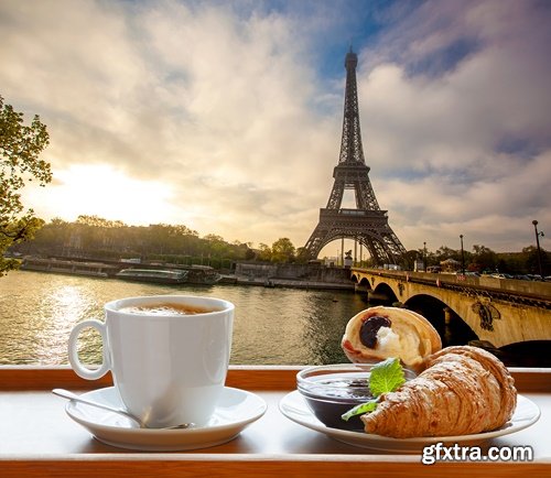 Coffee with croissants against Eiffel Tower - 7 UHQ JPEG