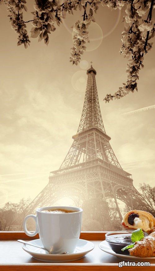 Coffee with croissants against Eiffel Tower - 7 UHQ JPEG