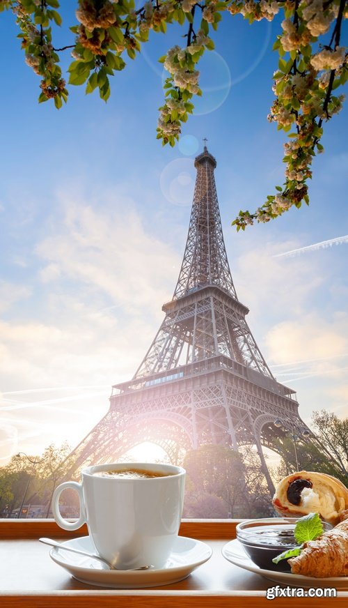 Coffee with croissants against Eiffel Tower - 7 UHQ JPEG