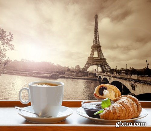 Coffee with croissants against Eiffel Tower - 7 UHQ JPEG