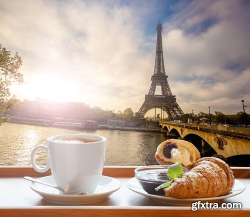 Coffee with croissants against Eiffel Tower - 7 UHQ JPEG