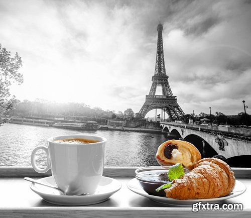 Coffee with croissants against Eiffel Tower - 7 UHQ JPEG