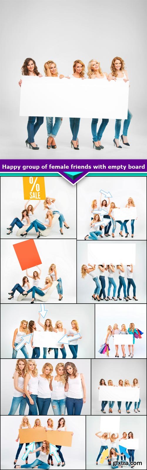 Happy group of female friends with empty board 10X JPEG