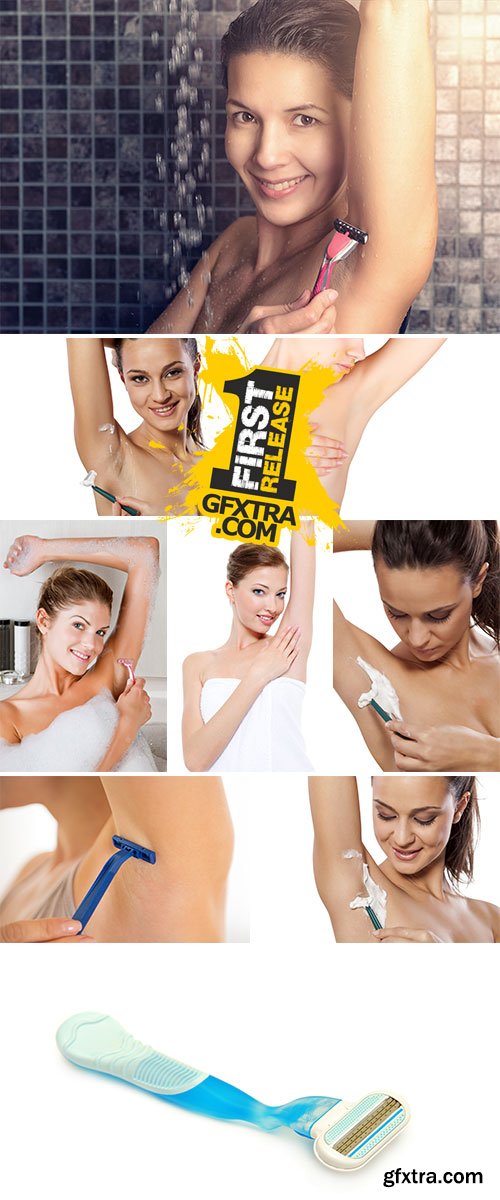 Stock Photos Closeup woman shaving armpit with razor in bathroom