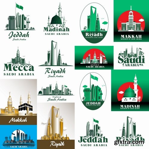 Collection of vector image of Saudi Arabia kingdom poster flyer Mosque Castle 25 Eps