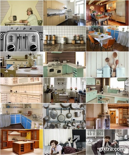 Collection of retro interior kitchen table chair cupboard sink utensils oven 25 HQ Jpeg