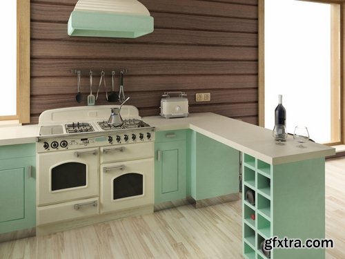 Collection of retro interior kitchen table chair cupboard sink utensils oven 25 HQ Jpeg