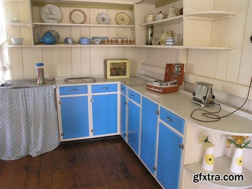 Collection of retro interior kitchen table chair cupboard sink utensils oven 25 HQ Jpeg