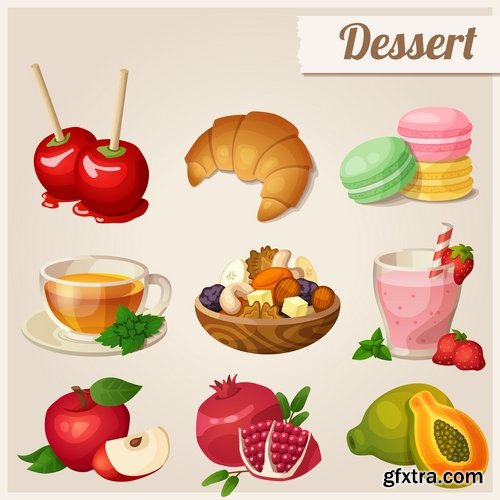 Collection of different vector picture eating fast food fruit vegetable sweet pies 25 EPS