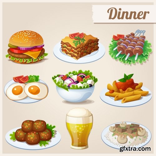 Collection of different vector picture eating fast food fruit vegetable sweet pies 25 EPS