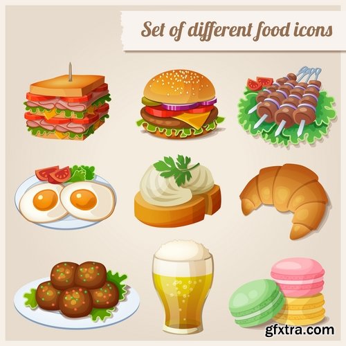 Collection of different vector picture eating fast food fruit vegetable sweet pies 25 EPS