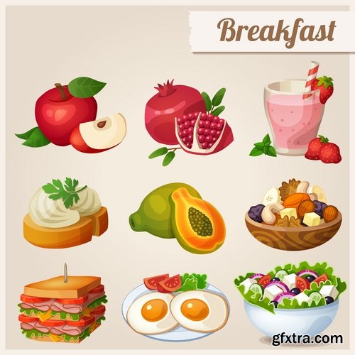 Collection of different vector picture eating fast food fruit vegetable sweet pies 25 EPS