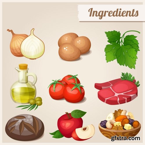 Collection of different vector picture eating fast food fruit vegetable sweet pies 25 EPS