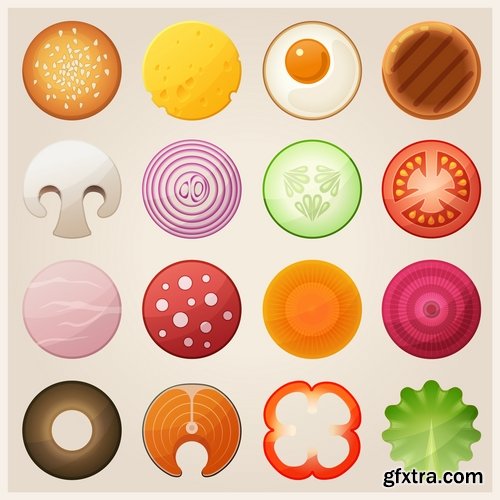 Collection of different vector picture eating fast food fruit vegetable sweet pies 25 EPS