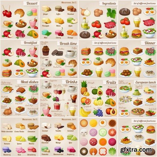 Collection of different vector picture eating fast food fruit vegetable sweet pies 25 EPS