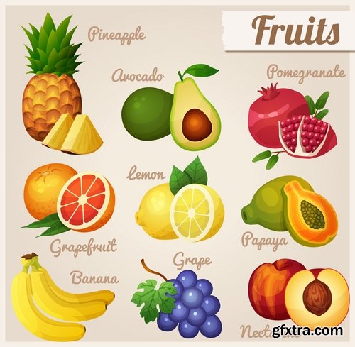 Collection of different vector picture eating fast food fruit vegetable sweet pies 25 EPS