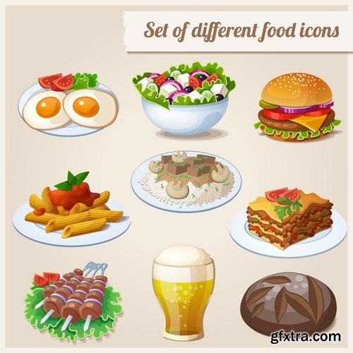 Collection of different vector picture eating fast food fruit vegetable sweet pies 25 EPS